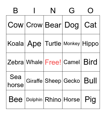 Animal bingo Card