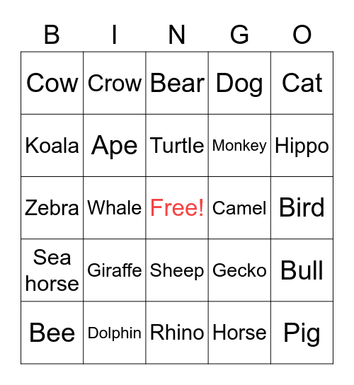 Animal bingo Card
