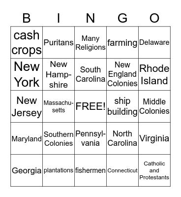 13 Colonies Bingo Card