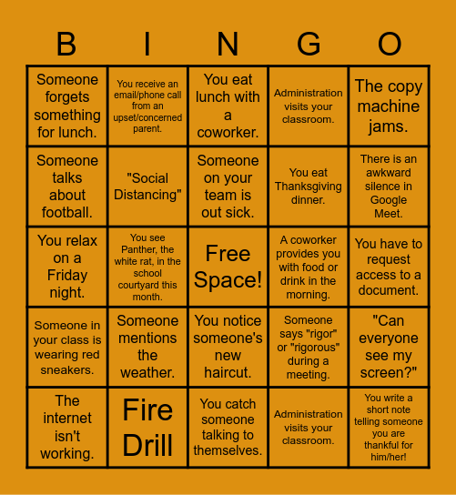 Tired Teacher Bingo Card