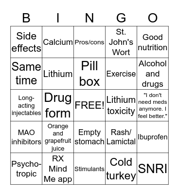 Medication Management Bingo Card