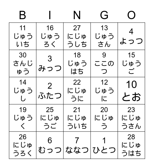 Japanese number Bingo Card