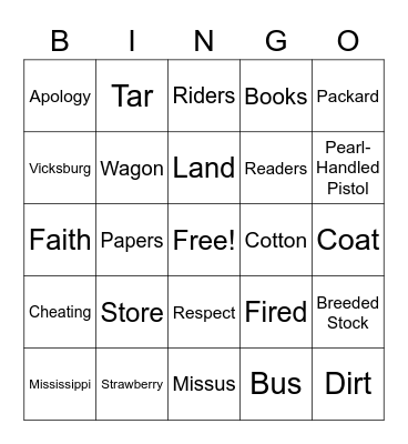 Roll of Thunder Hear My Cry Bingo Ch. 1-7 Bingo Card