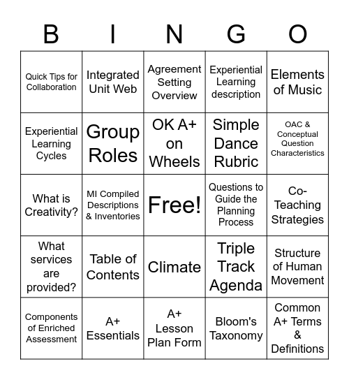 OKA+ Elementary Refresher Bingo Card