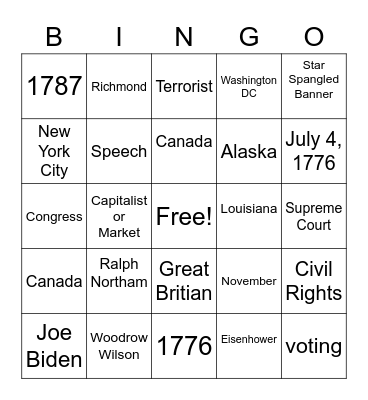 Citizenship Bingo Card