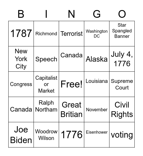 Citizenship Bingo Card
