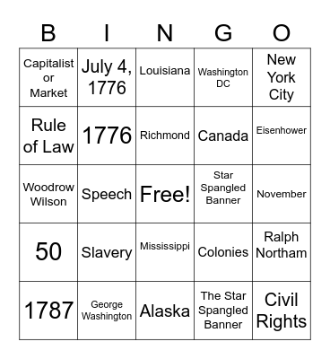 Citizenship Bingo Card