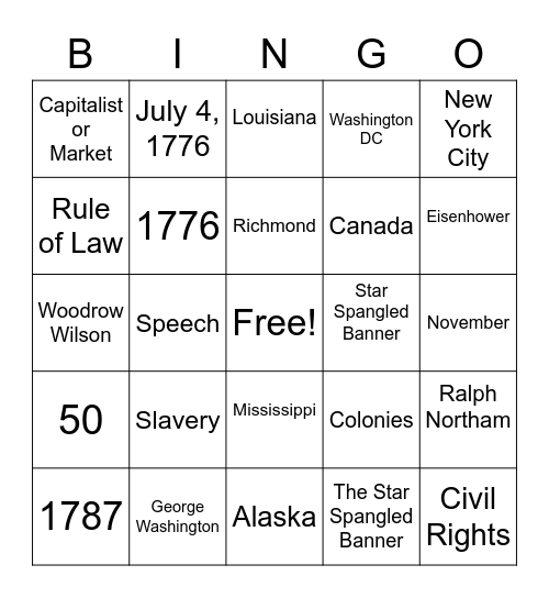 Citizenship Bingo Card