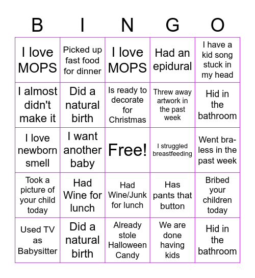 MOM Bingo Card