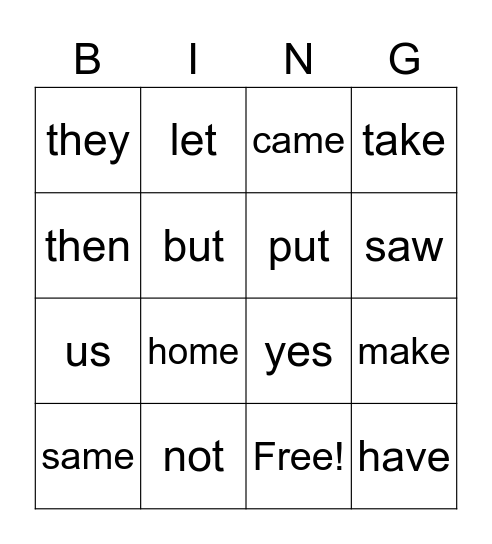 SPS SNAP WORDS 1-1 Bingo Card