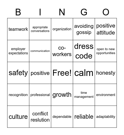 Workplace Culture Bingo Card