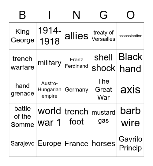World War 1  1914-1918 Bingo Card