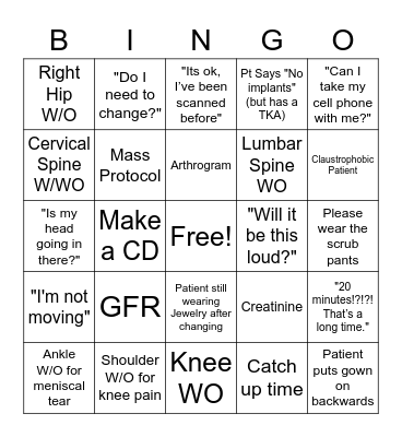 MRI BINGO Card