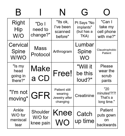 MRI BINGO Card