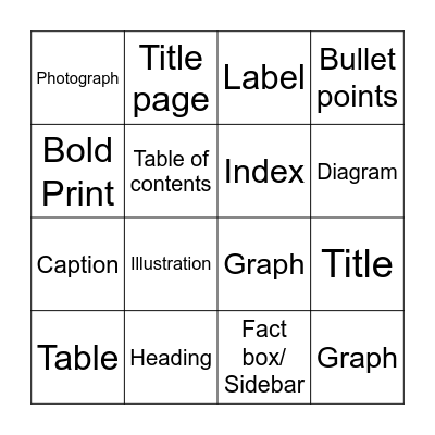 Nonfiction Text Features Bingo Card