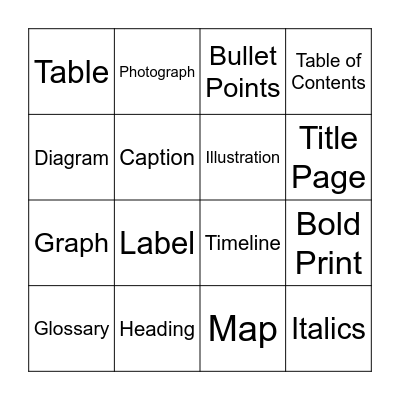 Nonfiction Text Features Bingo Card