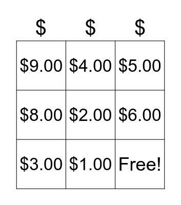 Money Bingo $1 - $10 Bingo Card