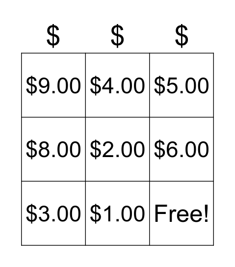 Money Bingo $1 - $10 Bingo Card