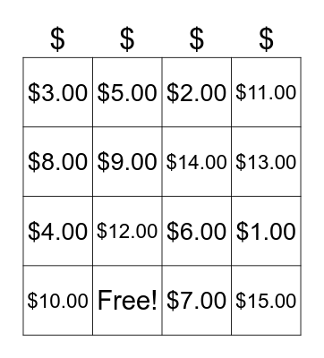 Money Bingo $1 - $15 Bingo Card