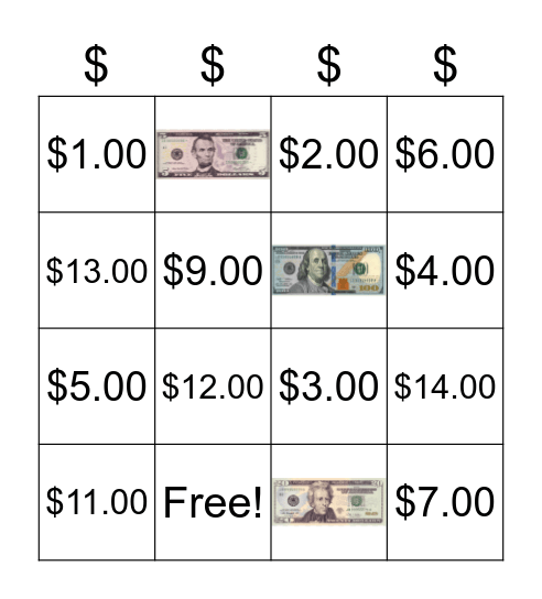 Money Bingo $1 - $15 Bingo Card