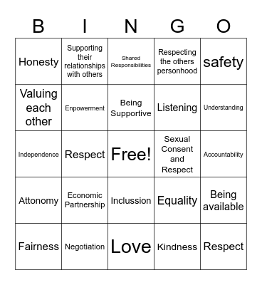 Relationship Bingo Card