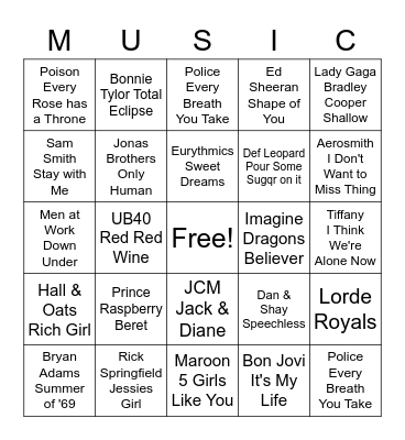 Diana's Music Bingo Card Bingo Card