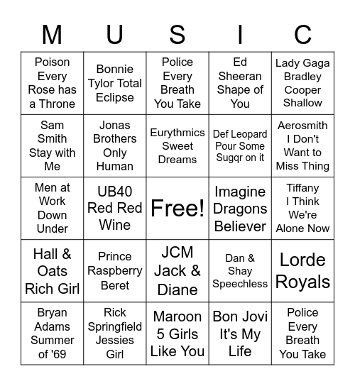 Diana's Music Bingo Card Bingo Card