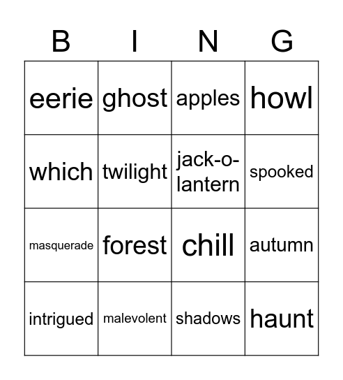Word Wars Bingo Card