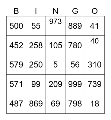 NUMEROS 0-999 Bingo Card