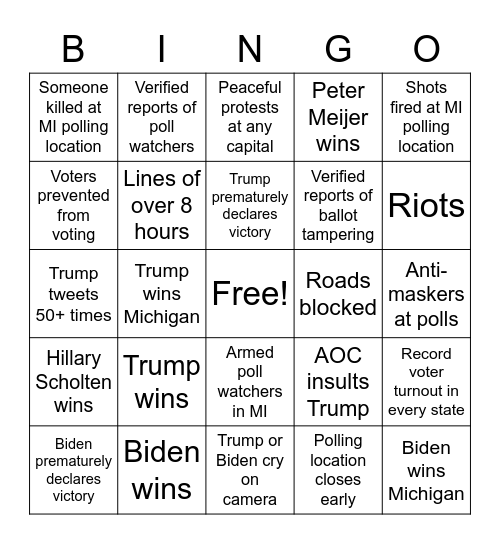 Election Apocalypse Bingo Card