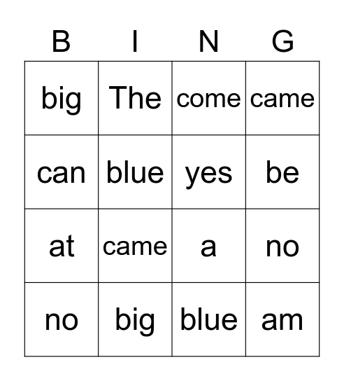 Sight Word Bingo Card