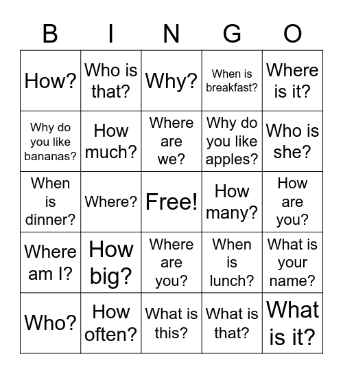 Question Words Pre Bingo Card