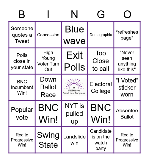 SBNC Election Night Bingo Card