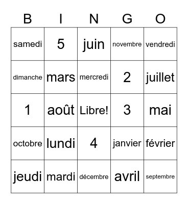 French - Dates, Months, and Time Bingo Card