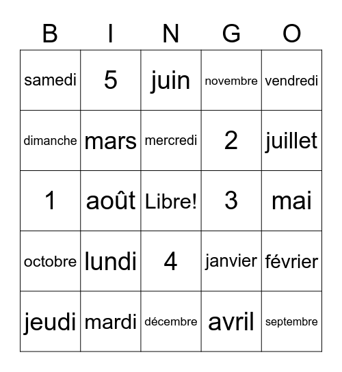 French - Dates, Months, and Time Bingo Card