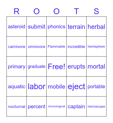 ROOTS BINGO (WORDS) Mrs. H. Bingo Card