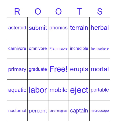 ROOTS BINGO (WORDS) Mrs. H. Bingo Card