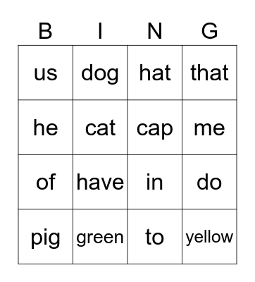 Sight Word Bingo Card