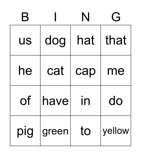 Sight Word Bingo Card