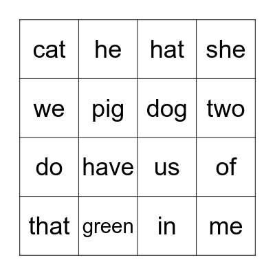 Sight Word Bingo Card