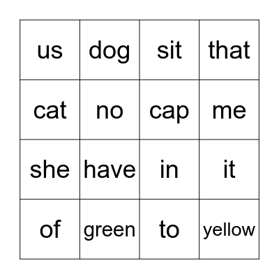 Sight Word Bingo Card