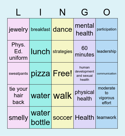 Health and Physical Education Bingo Card