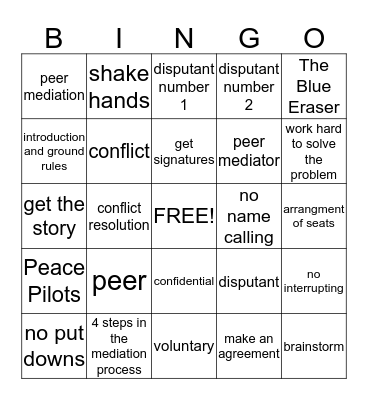 Peer mediation Bingo Card