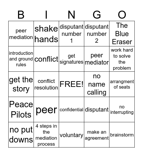 Peer mediation Bingo Card