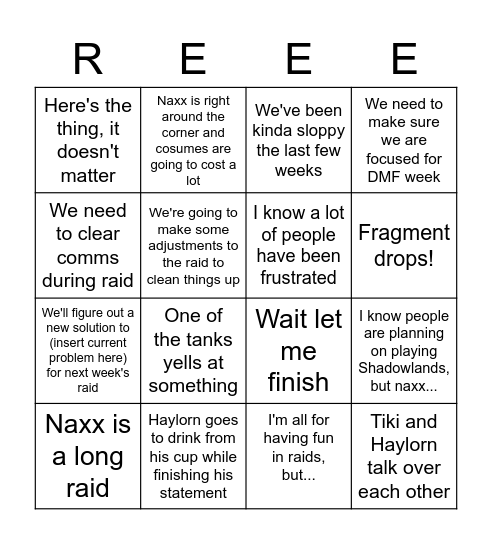 Reborn Guild Meeting Bingo Card