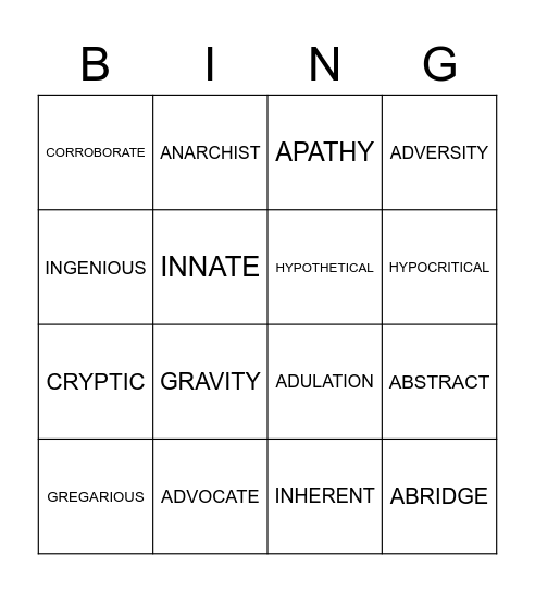 Vocabulary Bingo Card