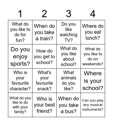 Open Ended Questions Bingo Card