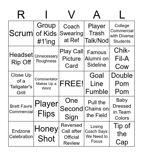 College Football Bingo Card