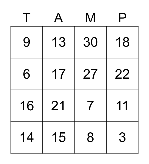 TAMPINES BINGO TOUR Bingo Card