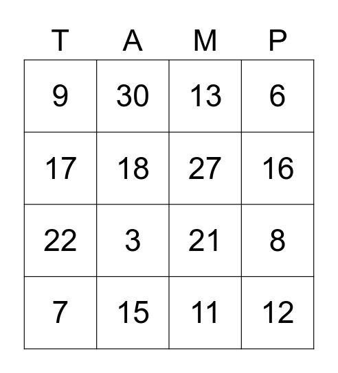 TAMPINES BINGO TOUR Bingo Card